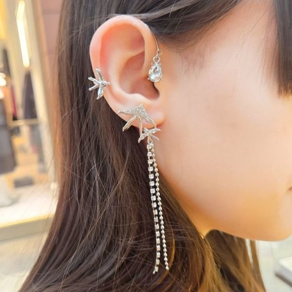 Kuş Figürlü Sallantılı Silver Kulak Aksesuarı