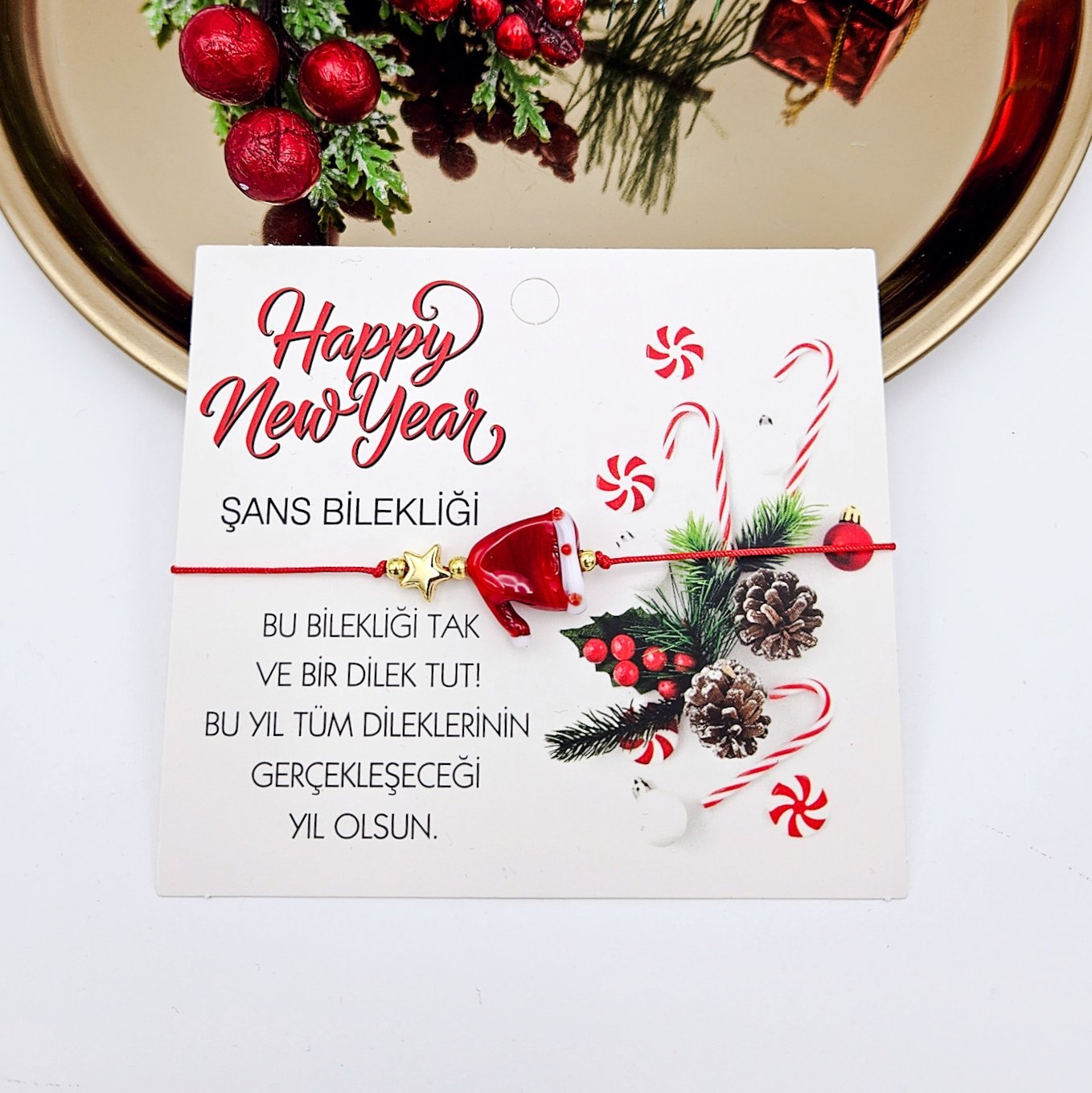 Murano Yeni Yıl Şans Bilekliği Kırmızı Şapka