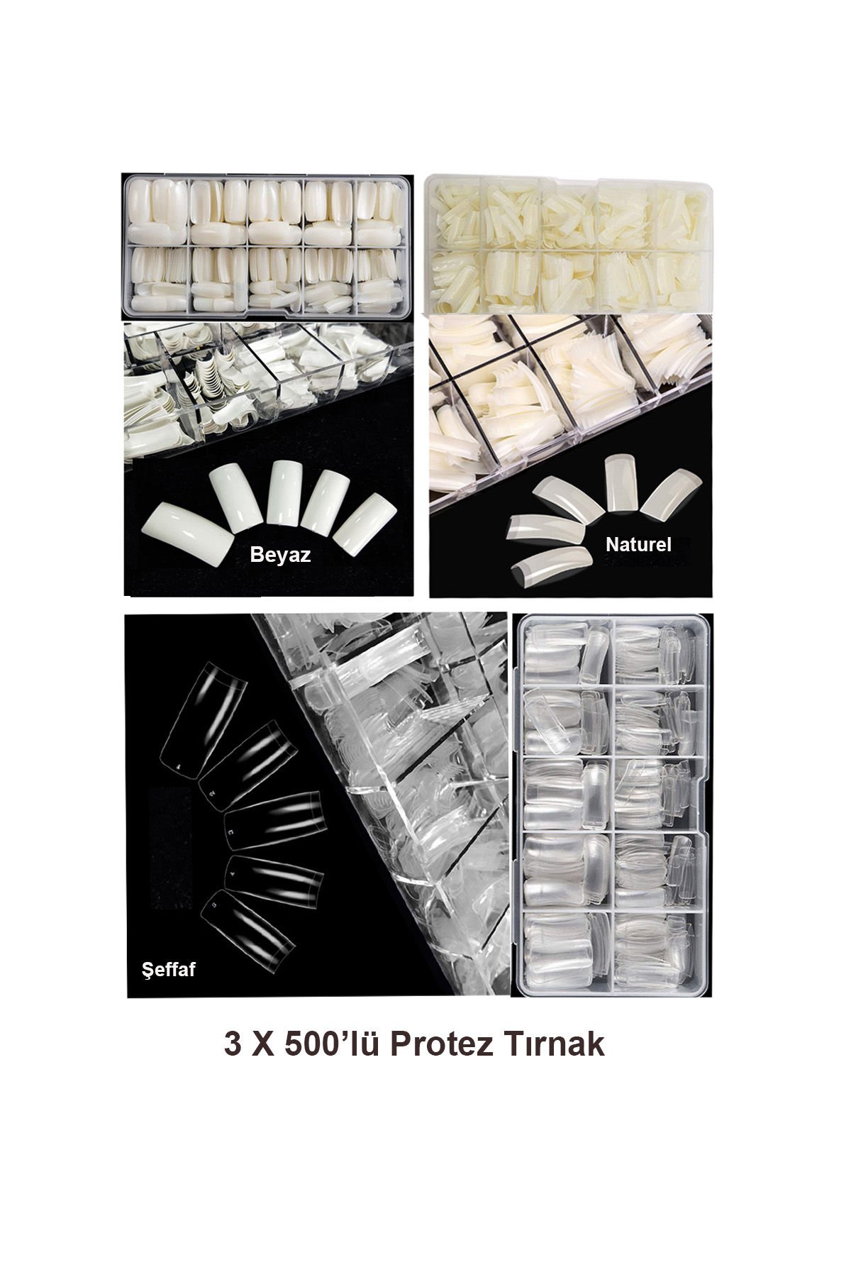 3x500lü Protez  Takma Tırnak 500Lü Şeffaf, 500lü Beyaz, 500lü Naturel, 3 Renk Fırsat Paketi