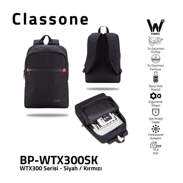 Classone BP-WTX300SK 15,6'' Su Geçirmez Kumaş Fermuar Notebook Sırt Çantası