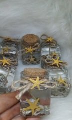 50 Adet Cam Şişede Deniz Yıldızlı Temalı Deniz Kabuklu Çiçekli Jel Mum Nişan Kına Nikah Şekeri Hediyelik