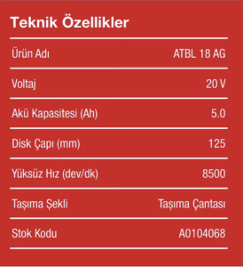 Attlas Pro Atbl 18 AG-502C Akülü Taşlama Kömürsüz 20V 5 Amper