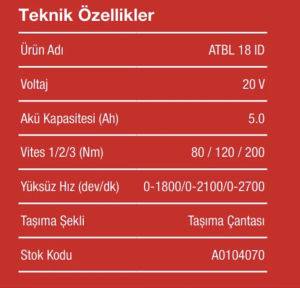 Attlas Pro Atbl 18ID 502C Akülü Darbeli Vidalama
