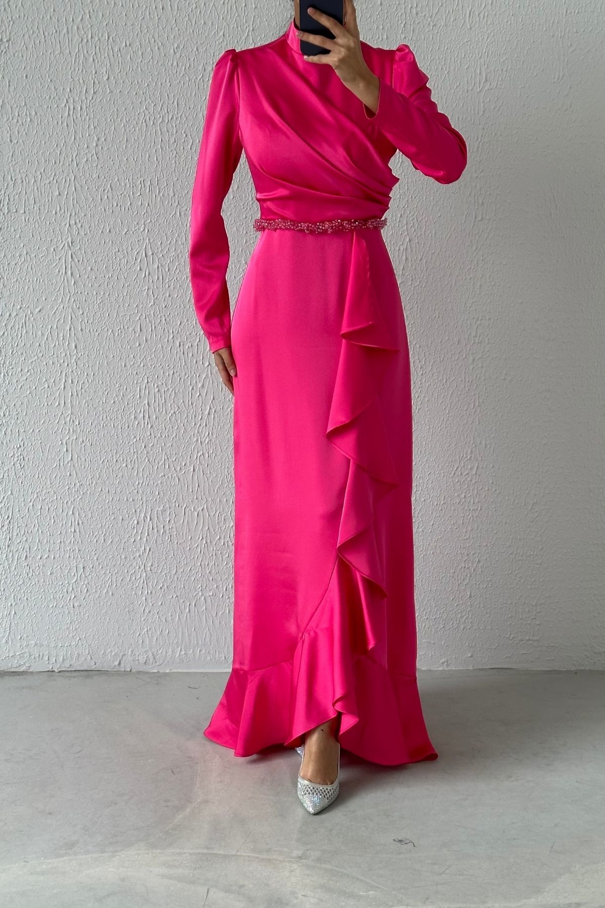 Satin Hijab Evening Dress Fuchsia with Bead Detail at the Waist