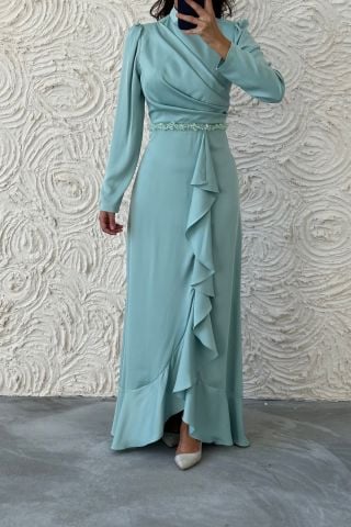 Satin Hijab Evening Dress Baby Blue with Bead Detail at the Waist