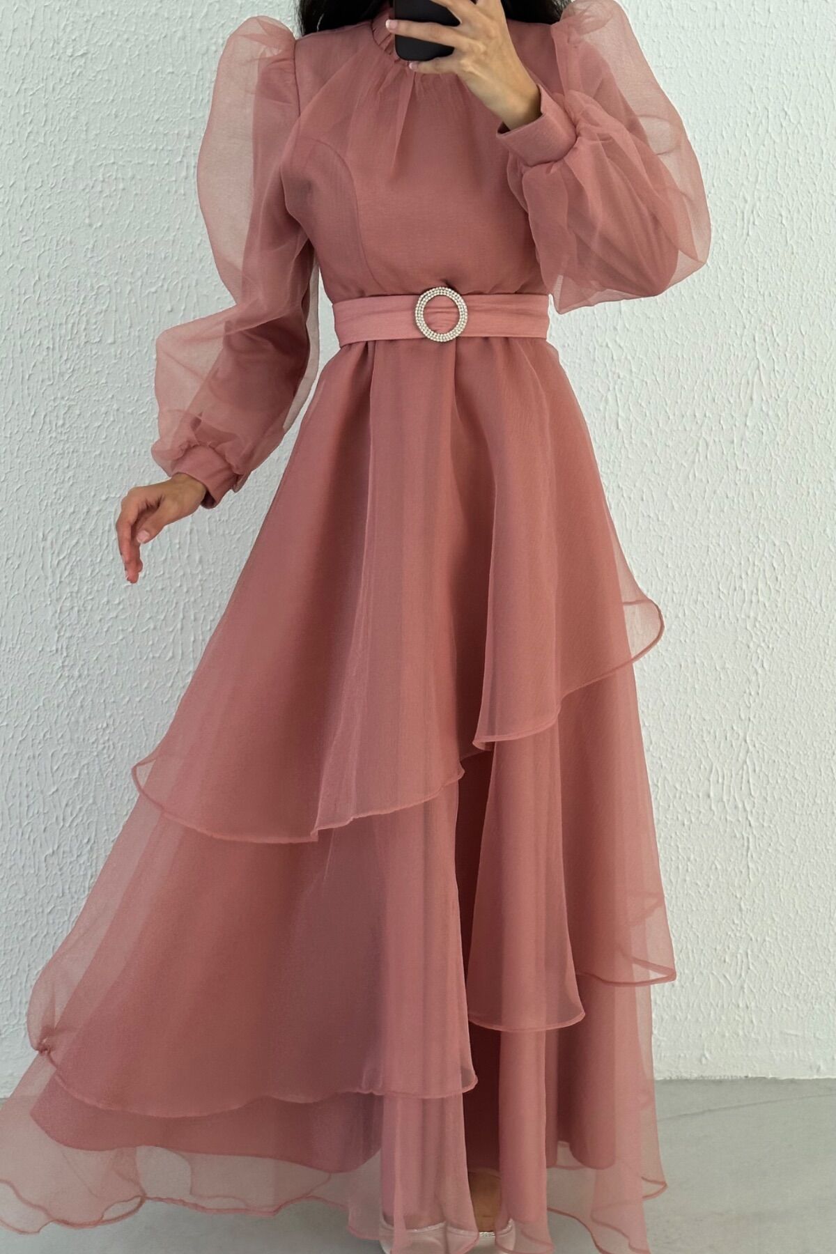 Tulle Layered Hijab Evening Dress Powder