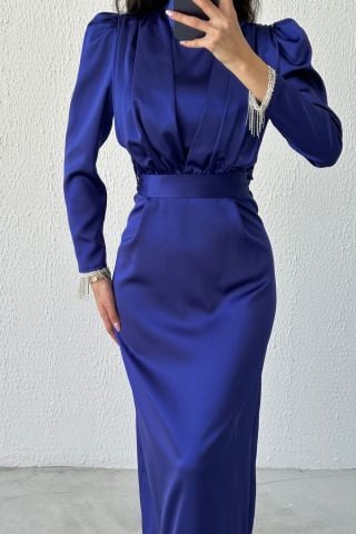 Satin Hijab Evening Dress Navy Blue with Chain Hem and Sleeve End