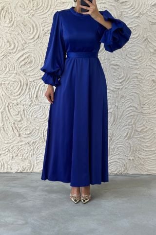 Minimal Elegance Satin Balloon Sleeve Hijab Evening Dress Saxe Blue