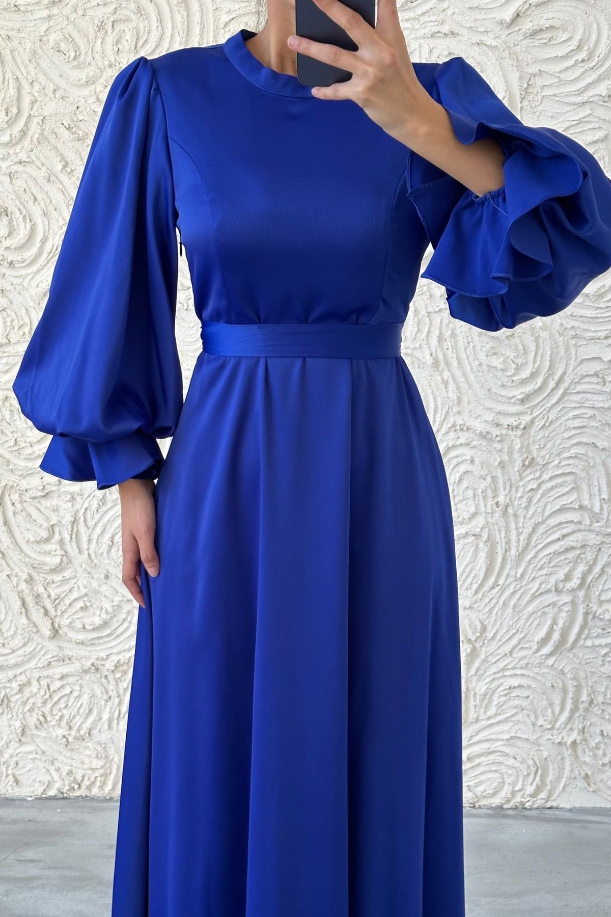 Minimal Elegance Satin Balloon Sleeve Hijab Evening Dress Saxe Blue