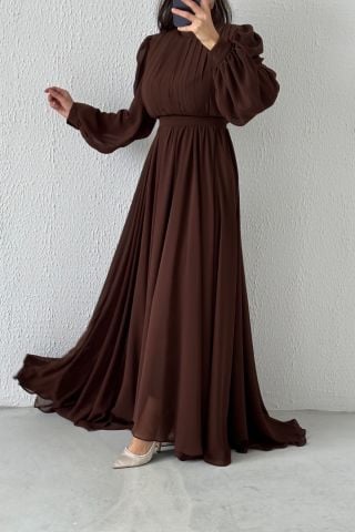 Short in Front, Long in Back Chiffon Hijab Evening Dress Brown