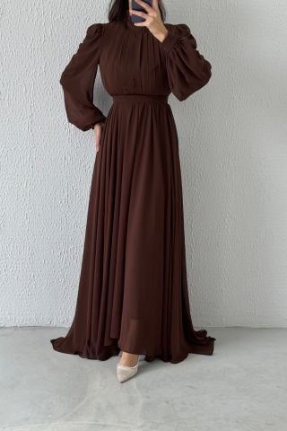 Short in Front, Long in Back Chiffon Hijab Evening Dress Brown