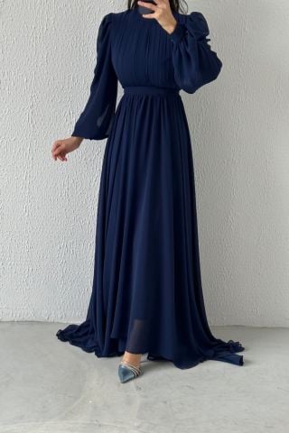 Short in Front, Long in Back Chiffon Hijab Evening Dress Navy Blue