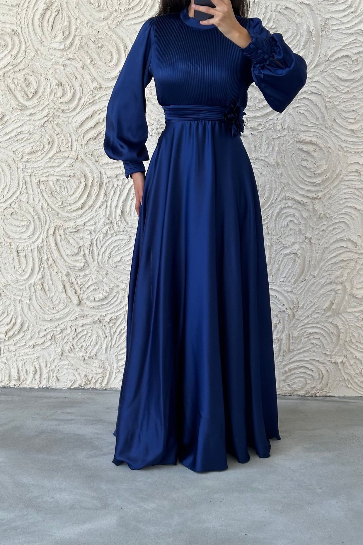 Flower Detailed Pleated Hijab Evening Dress Navy Blue