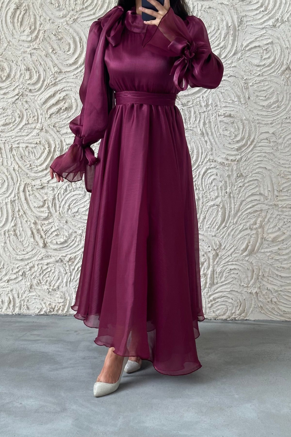 Organza Modest Evening Dress with Belt and Sleeve Tie, Plum