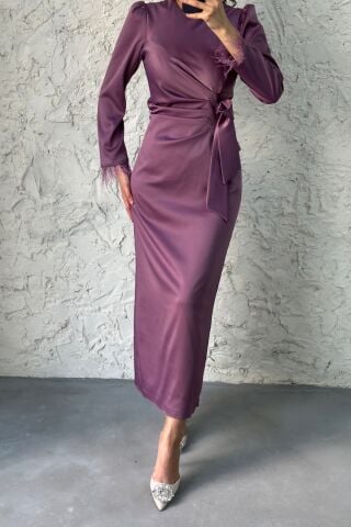 Pencil Satin Hijab Evening Dress Lilac with Feather Sleeves