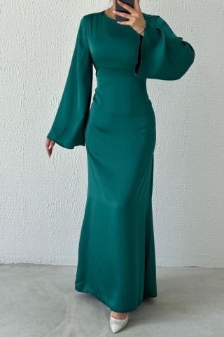 Basic Satin Hijab Evening Dress with Back Tie Detail, Emerald