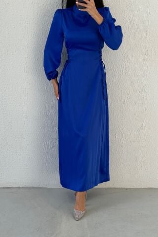 Satin Hijab Evening Dress with Waist Tie Detail Saks Blue