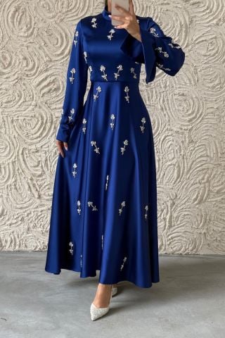 Fascinating Satin Hijab Evening Dress Indigo with Its Details