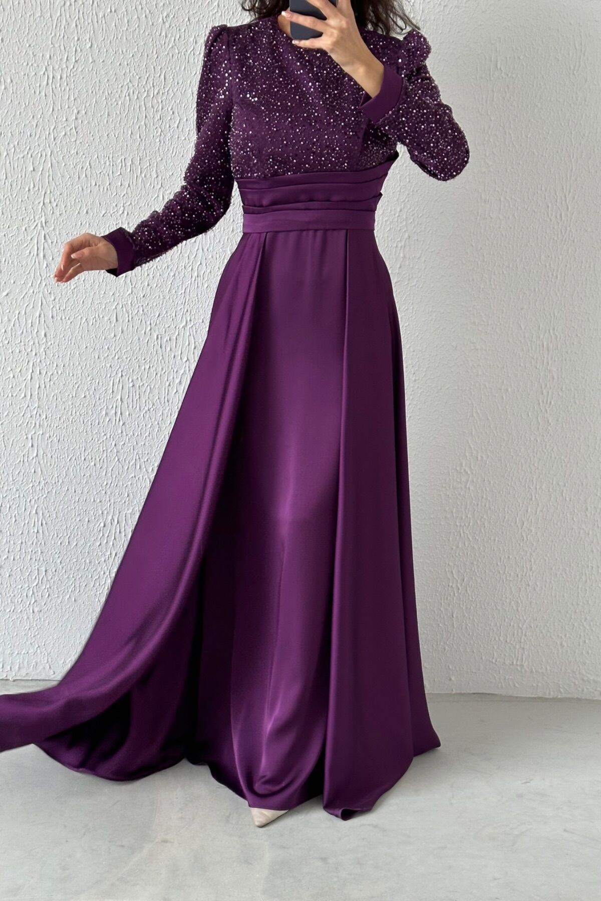 Satin Hijab Evening Dress with Pleated Waist Detail and Cape, Purple