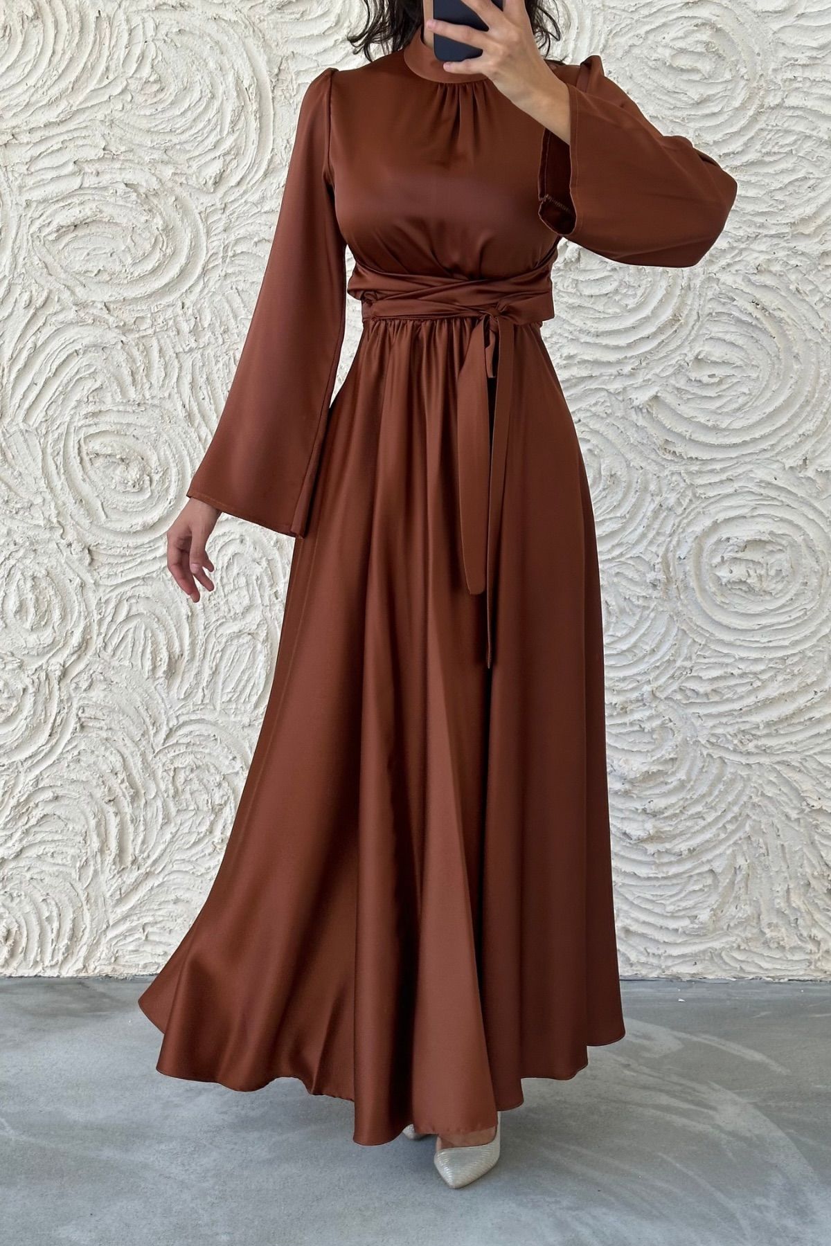 Flowing Elegance: Flounce Sleeve Satin Hijab Evening Dress Brown