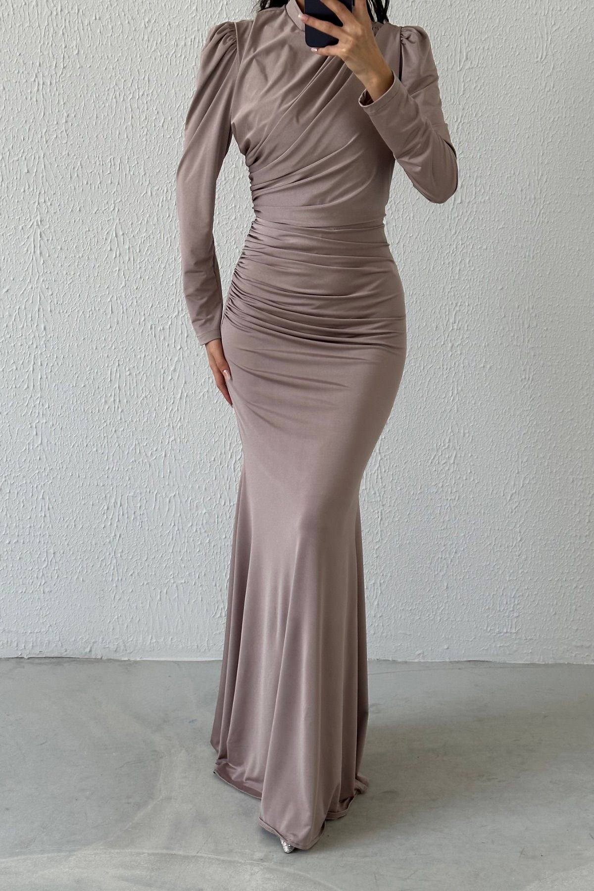 Basic Fish Model Sendi Fabric Hijab Evening Dress Stone