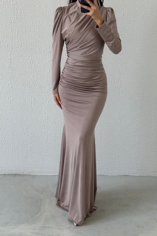 Basic Fish Model Sendi Fabric Hijab Evening Dress Stone