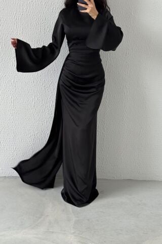 Tail Detailed Satin Hijab Evening Dress Black