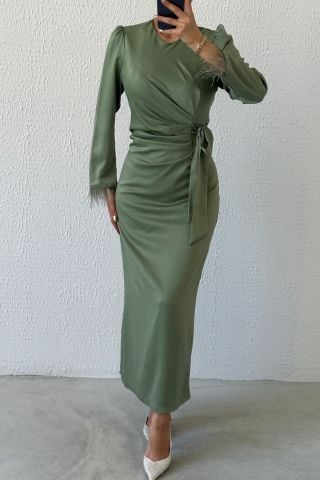 Pencil Satin Hijab Evening Dress Khaki with Feather Sleeves