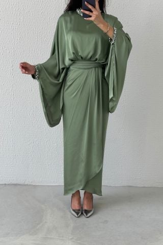 Unique Design Bat Model Satin Hijab Evening Dress Khaki