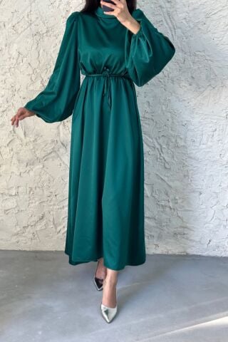 Basic Belted Satin Evening Dress Green