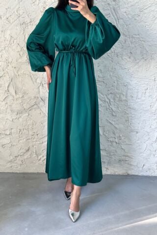 Basic Belted Satin Evening Dress Green