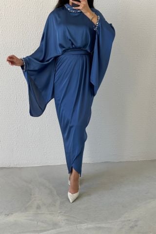 Unique Design Bat Model Satin Hijab Evening Dress Dark Indigo