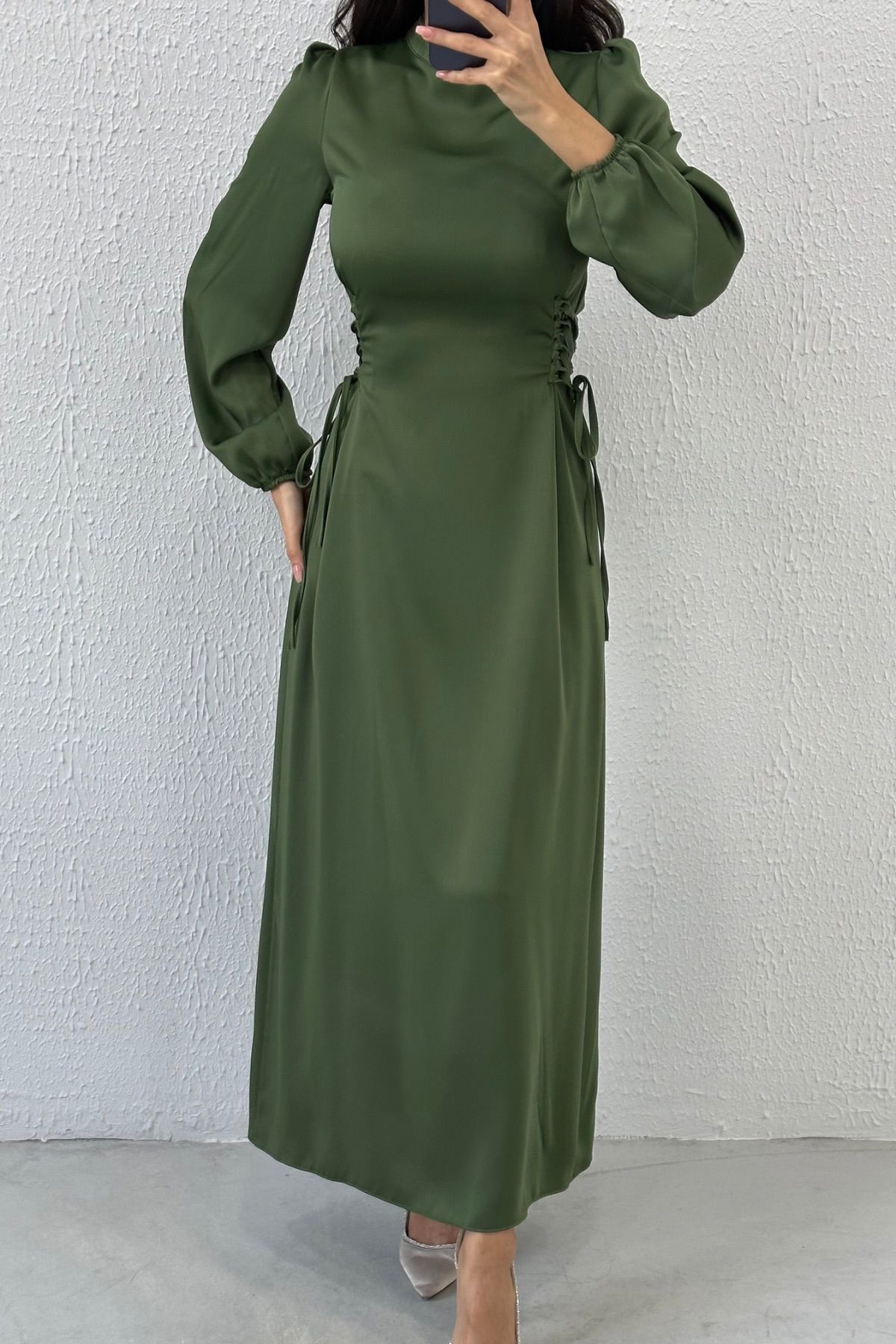 Satin Hijab Evening Dress with Waist Tie Detail, Oil Green