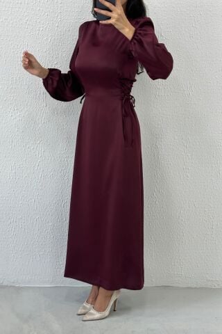 Satin Hijab Evening Dress with Waist Tie Detail, Plum