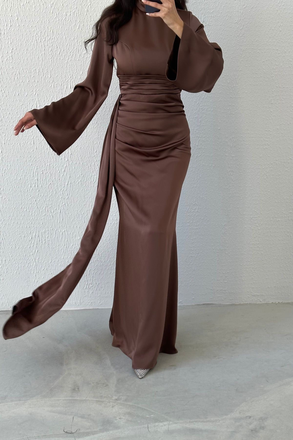 Tail Detailed Satin Hijab Evening Dress Brown