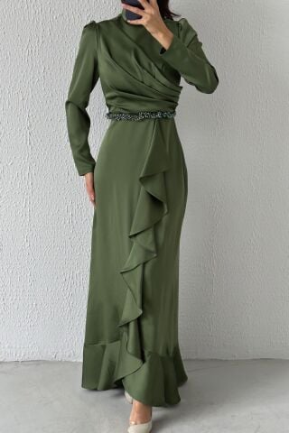 Satin Hijab Evening Dress Light Khaki with Bead Detail at the Waist