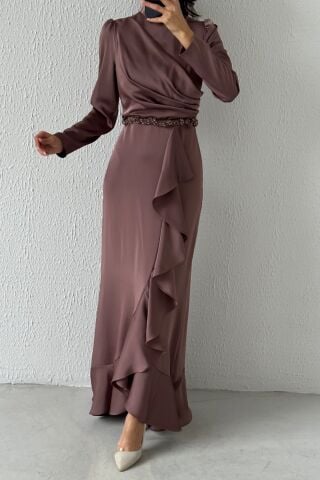 Satin Hijab Evening Dress Light Mink with Bead Detail at the Waist