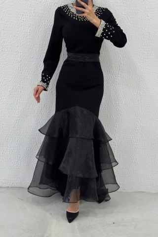 Beaded Embroidered Belted Crepe Hijab Evening Dress with Sleeve Detail