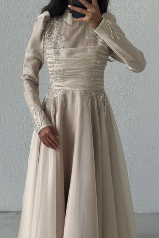 Elegant Stone Embroidered Pleated Organza Modest Evening Dress Mint Green Leyuze Boutique