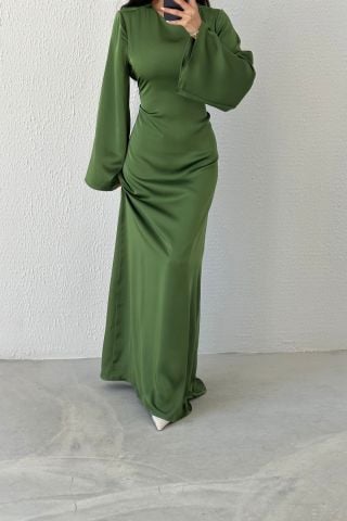 Basic Shiny Satin Hijab Evening Dress Khaki with Back Tie Detail