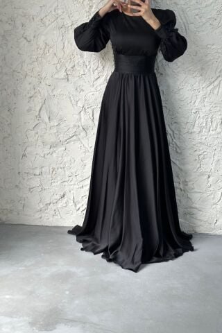 Belted Long Satin Hijab Evening Dress Black