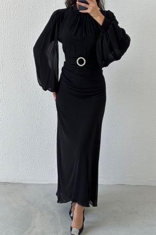 Belted Chiffon Hijab Evening Dress with Gather Detail at Waist Black