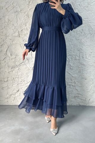 Pleated Layered Janjan Chiffon Hijab Evening Dress Navy Blue