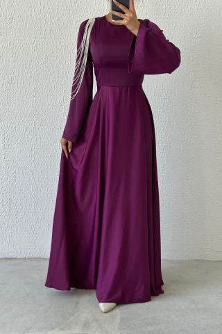 Chain Sparkle: Flounce Sleeve Off the Shoulder Satin Hijab Evening Dress Plum