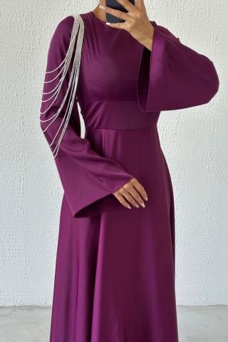 Chain Sparkle: Flounce Sleeve Off the Shoulder Satin Hijab Evening Dress Plum