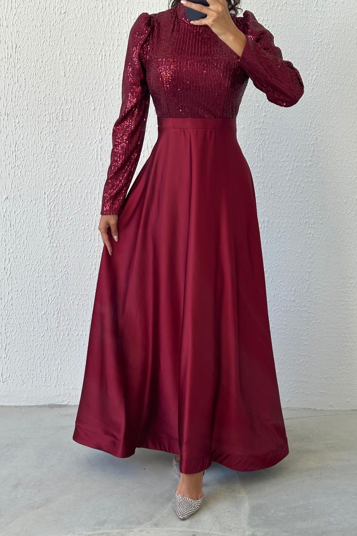 Sparkly Sequin Satin Hijab Evening Dress Burgundy