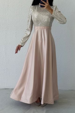 Sparkly Sequin Satin Hijab Evening Dress Stone