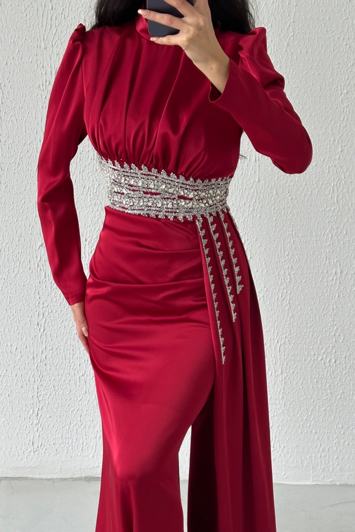 Stylish Satin Hijab Evening Dress with Stone Detailed Train, Claret Red