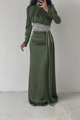 Stylish Satin Hijab Evening Dress Khaki with Stone Detailed Train