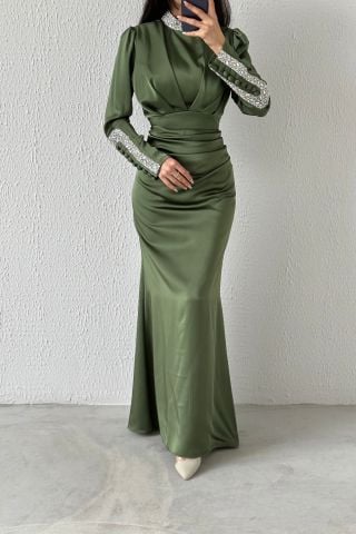 Modern Design Satin Hijab Evening Dress Khaki with Stone Detail on Sleeves and Collar